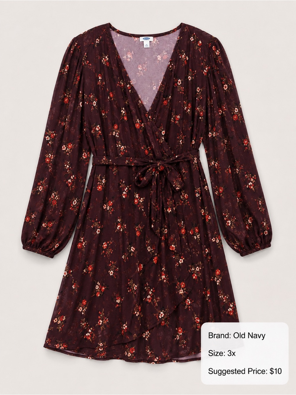 Old Navy Burgundy Floral Wrap Dress with Tie Waist